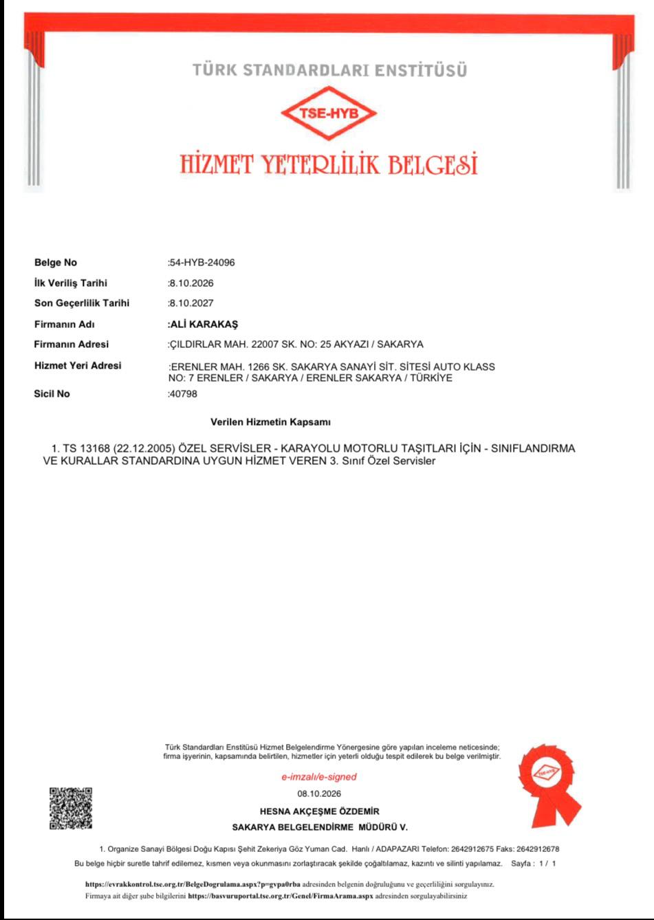 TSE HYB Hizmet Yeterlilik Belgesi — Auto Klas Otomotiv